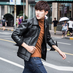 Male Korean handsome men's leather jacket tide in autumn and winter 2017 new PU leather jacket lapel trend 3XL black
