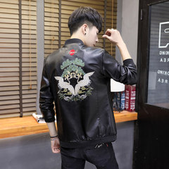 Men's leather style, Korean style, handsome personality, 2017 new students, young coat, male PU leather jacket 3XL black