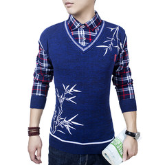 Autumn and winter young men's fake two piece plus thick knit sweater, self-cultivation collar shirt, collar sweater, male students 175/88A Bamboo leaves blue