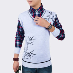 Autumn and winter young men's fake two piece plus thick knit sweater, self-cultivation collar shirt, collar sweater, male students 180/92A Pale grey leaves