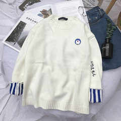 New winter sweater T-shirt embroidery cartoon Korean students loose sleeve head man knit jacket tide Lovers S white