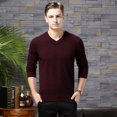 Cashmere sweater, men's round top pure cashmere sweater, men's wool sweater, autumn and winter thin sleeve head bottoming shirt, 2017 new styles S (V collar) red wine