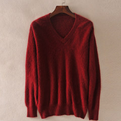 Every male mink cashmere sweater - special offer half head thickening set code mink wool knitted sweater shirt 3XL Red wine V collar