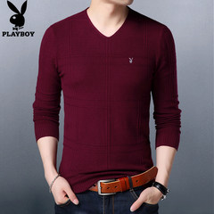 Men's sweater collar sweater V color in autumn and winter head bottoming shirt sleeved SWEATER MENS thin slim. L Claret