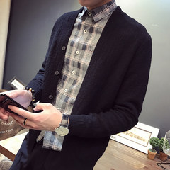 Men's sweater slim V all-match trend of Korean men sweater collar cardigan wearing long sleeved thin handsome 3XL black