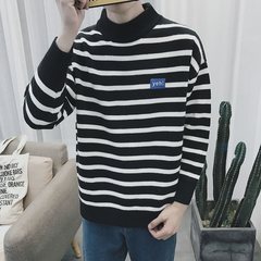 The wind in autumn and winter in Hong Kong loose sleeve head warm sweaters Men T-shirt coat Japanese small fresh striped sweater M black