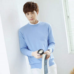 New winter cashmere sweater T-shirt male sleeve head thickening loose solid sweater V collar sweater sweater primer 3XL Light blue [round neck]