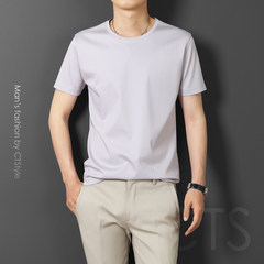 Mercerized cotton short sleeved t-shirt t-shirt middle-aged Mens Cotton Mens Long Sleeve Shirt pure silk shirt loose 3XL Light grey