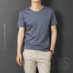Mercerized cotton short sleeved t-shirt t-shirt middle-aged Mens Cotton Mens Long Sleeve Shirt pure silk shirt loose 3XL Dark grey
