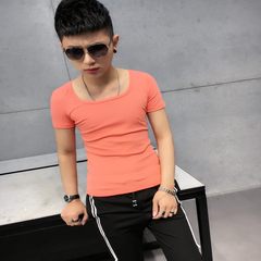 Collar T-shirt slim type tights boys low collar youth t-shirt short sleeved cotton shirt bottoming summer half tide A relatively small T-shirt Pink