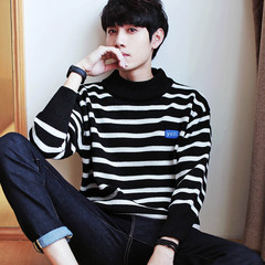 A male half sweater sweater sleeve head - backing Korean students plaid and loose knit M Black stripe 807
