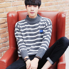 A male half sweater sweater sleeve head - backing Korean students plaid and loose knit M Gray stripe 807