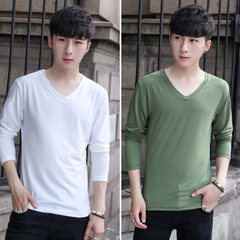 2 pieces of men's solid color long sleeved T-shirt, autumn thin, slim collar, white autumn clothes, shirt, men's clothes 3XL V collar white +V lead green