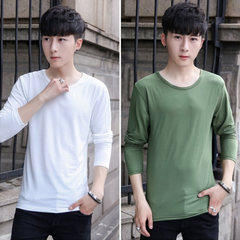 2 pieces of men's solid color long sleeved T-shirt, autumn thin, slim collar, white autumn clothes, shirt, men's clothes 3XL White collar and round neck green