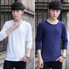 2 pieces of men's solid color long sleeved T-shirt, autumn thin, slim collar, white autumn clothes, shirt, men's clothes 3XL Round neck white + round neck blue