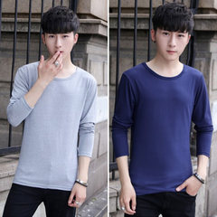 2 pieces of men's solid color long sleeved T-shirt, autumn thin, slim collar, white autumn clothes, shirt, men's clothes 3XL Round neck grey + round neck blue