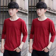 2 pieces of men's solid color long sleeved T-shirt, autumn thin, slim collar, white autumn clothes, shirt, men's clothes L Round wine red + round neck wine red