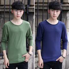 2 pieces of men's solid color long sleeved T-shirt, autumn thin, slim collar, white autumn clothes, shirt, men's clothes 3XL Round neck green + round neck blue