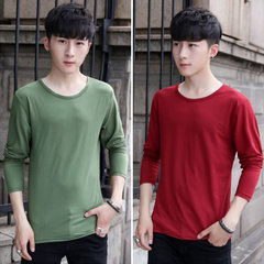 2 pieces of men's solid color long sleeved T-shirt, autumn thin, slim collar, white autumn clothes, shirt, men's clothes 3XL Round neck green + neck wine red