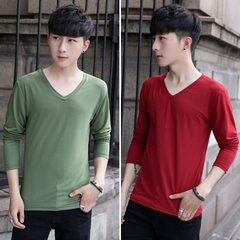 2 pieces of men's solid color long sleeved T-shirt, autumn thin, slim collar, white autumn clothes, shirt, men's clothes 3XL gules