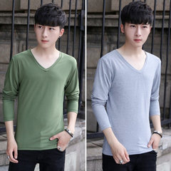 2 pieces of men's solid color long sleeved T-shirt, autumn thin, slim collar, white autumn clothes, shirt, men's clothes 3XL Light grey
