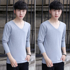 2 pieces of men's solid color long sleeved T-shirt, autumn thin, slim collar, white autumn clothes, shirt, men's clothes 3XL gray