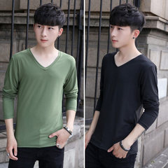 2 pieces of men's solid color long sleeved T-shirt, autumn thin, slim collar, white autumn clothes, shirt, men's clothes 3XL green