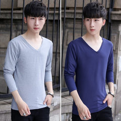 2 pieces of men's solid color long sleeved T-shirt, autumn thin, slim collar, white autumn clothes, shirt, men's clothes 3XL blue