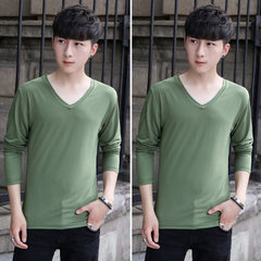 2 pieces of men's solid color long sleeved T-shirt, autumn thin, slim collar, white autumn clothes, shirt, men's clothes 3XL Army green