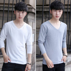 2 pieces of men's solid color long sleeved T-shirt, autumn thin, slim collar, white autumn clothes, shirt, men's clothes 3XL V collar white +V collar ash
