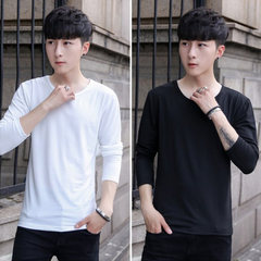 2 pieces of men's solid color long sleeved T-shirt, autumn thin, slim collar, white autumn clothes, shirt, men's clothes 3XL White collar + round neck black