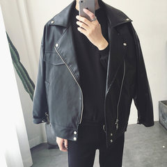 2017 spring men motorcycle leather oversize coat jacket and a couple of Korean street tide jacket M loose version black