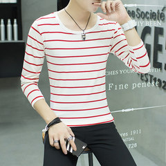 Special offer every day long sleeved T-shirt male V collar men men's clothes wet autumn Korean cultivating large size shirt T-shirt 3XL Red - Striped long sleeve