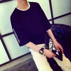 Spring and summer of seven Korean men loose sleeve T-shirt short sleeved on the sleeve of young students in the men's fashion clothes M Black (five cent sleeve letters)