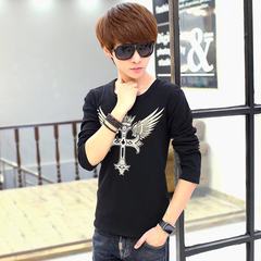 Spring and summer of seven Korean men loose sleeve T-shirt short sleeved on the sleeve of young students in the men's fashion clothes M Black (long sleeve cross)