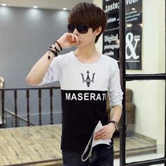 Spring and summer of seven Korean men loose sleeve T-shirt short sleeved on the sleeve of young students in the men's fashion clothes M Black on white (long sleeved stitching harpoon)