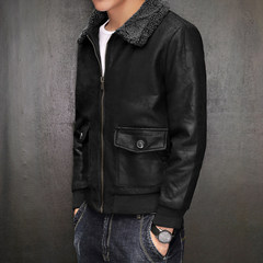 Autumn and winter coat lamb fur collar men thick quilted leather jacket slim Korean locomotive jacket tide M black