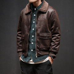 Autumn and winter coat lamb fur collar men thick quilted leather jacket slim Korean locomotive jacket tide M Dark brown