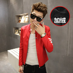 Yi Ge Zhen Xuan autumn new Korean slim stripe mosaic leather coat collar male locomotive jacket men 3XL Red velvet