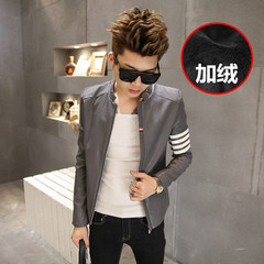 Yi Ge Zhen Xuan autumn new Korean slim stripe mosaic leather coat collar male locomotive jacket men 3XL Grey cashmere