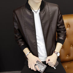 The fall of men's leather jacket young Korean handsome jacket slim leather jacket coat all-match small autumn tide 3XL Brown (1702 paragraph)