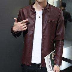 Special offer every day in spring and autumn, Haining men's leather jacket coat PU Korean slim locomotive youth thin tide 2XL 8603 Bordeaux