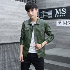 The man with thick leather velvet installed Winter Jacket Mens Korean men's coat collar youth PU tide 3XL Green (unlined garment)