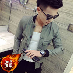 In the autumn of 2017 young male slim leather trumpet locomotive jacket short XS code barber fashion jacket Small size uncertain consulting customer service Light green (velvet)