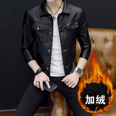 The spring and autumn young male Leather Slim Lapel coat Korean students all-match with handsome leather jacket cashmere thickening trend 4XL (173-190 Jin) Black velvet