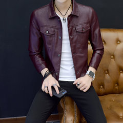 The spring and autumn young male Leather Slim Lapel coat Korean students all-match with handsome leather jacket cashmere thickening trend 4XL (173-190 Jin) Claret