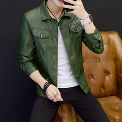 The spring and autumn young male Leather Slim Lapel coat Korean students all-match with handsome leather jacket cashmere thickening trend 4XL (173-190 Jin) green