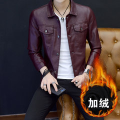 The spring and autumn young male Leather Slim Lapel coat Korean students all-match with handsome leather jacket cashmere thickening trend 4XL (173-190 Jin) Wine red plus velvet