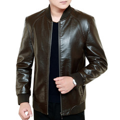 In autumn and winter in Haining Leather Mens Leather Jacket XL fat middle-aged fat loose casual male coat 175 [suggestion 110-130 catties] Salted vegetable color