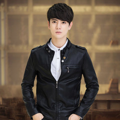 2017 new male dandy leather jacket with slim type Korean winter coat young handsome fashion 3XL Single layer black